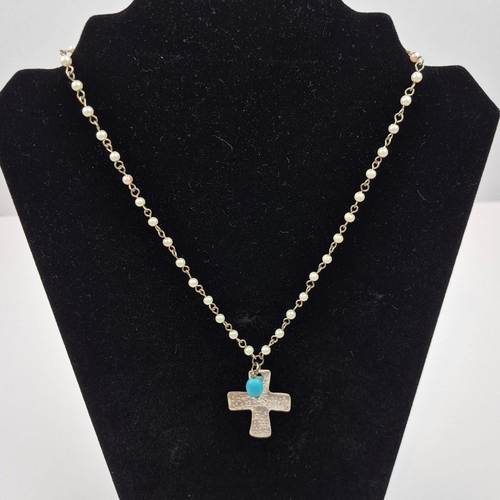 Faux Pearl Turquoise Beaded Cross Necklace Religious Pendant 16–19" Faith Boho